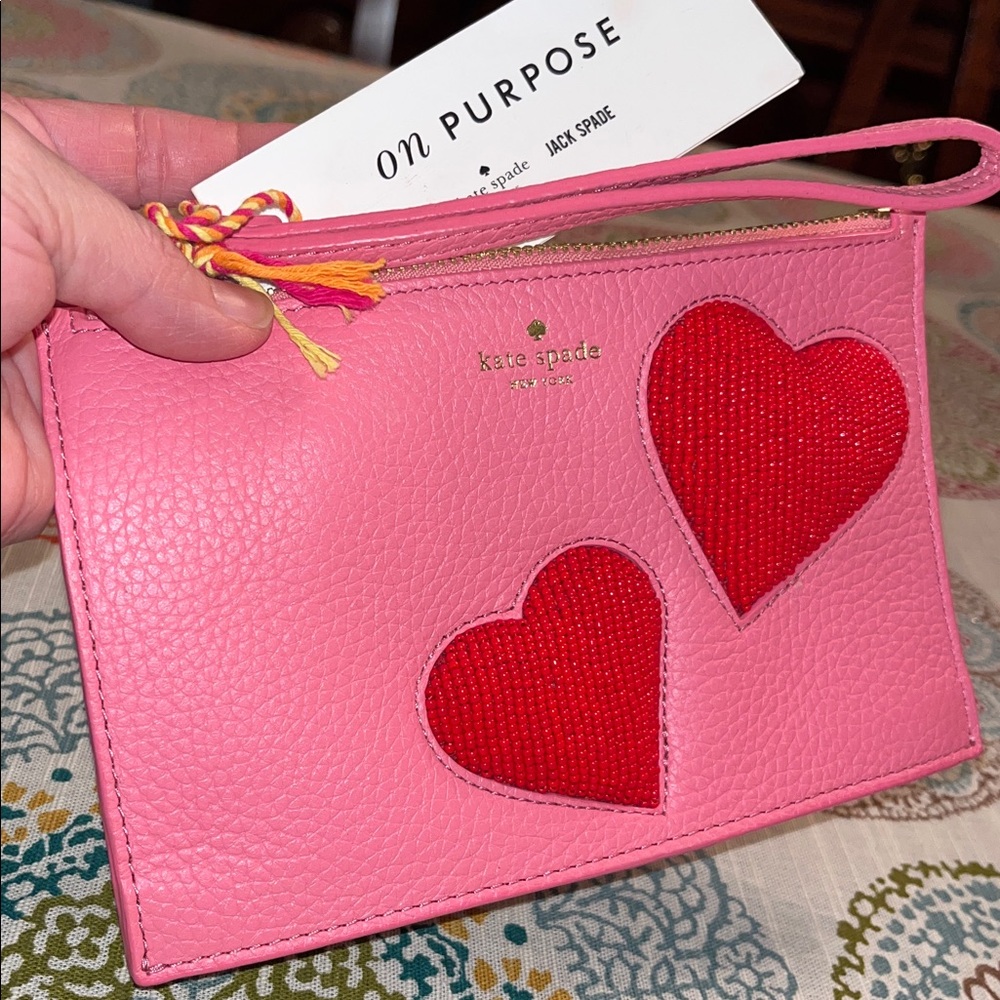 kate spade NWT! On Purpose Beaded Hearts Mini Leather Wristlet